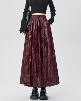 Fold slim autumn long PU big skirt high waist skirt