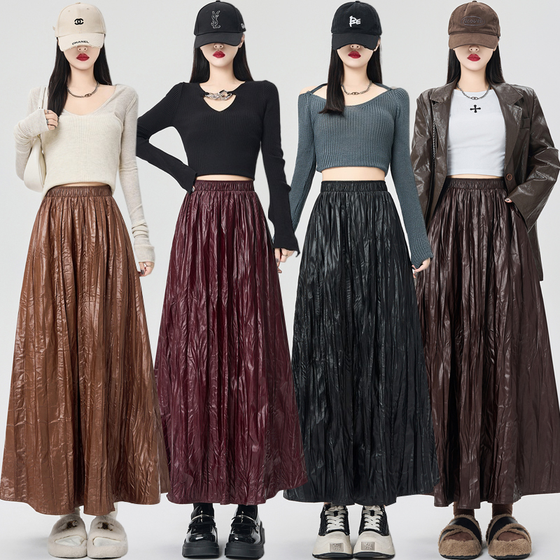 Fold slim autumn long PU big skirt high waist skirt