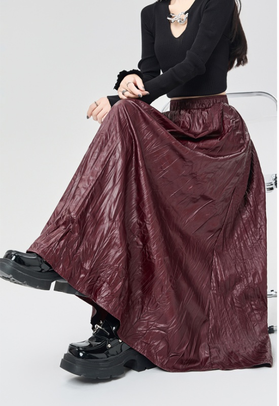 Fold slim autumn long PU big skirt high waist skirt