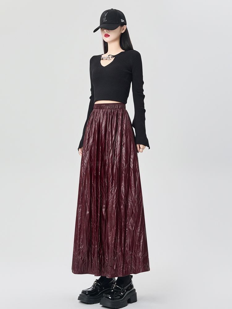 Fold slim autumn long PU big skirt high waist skirt