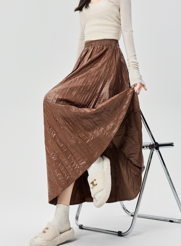 Fold slim autumn long PU big skirt high waist skirt