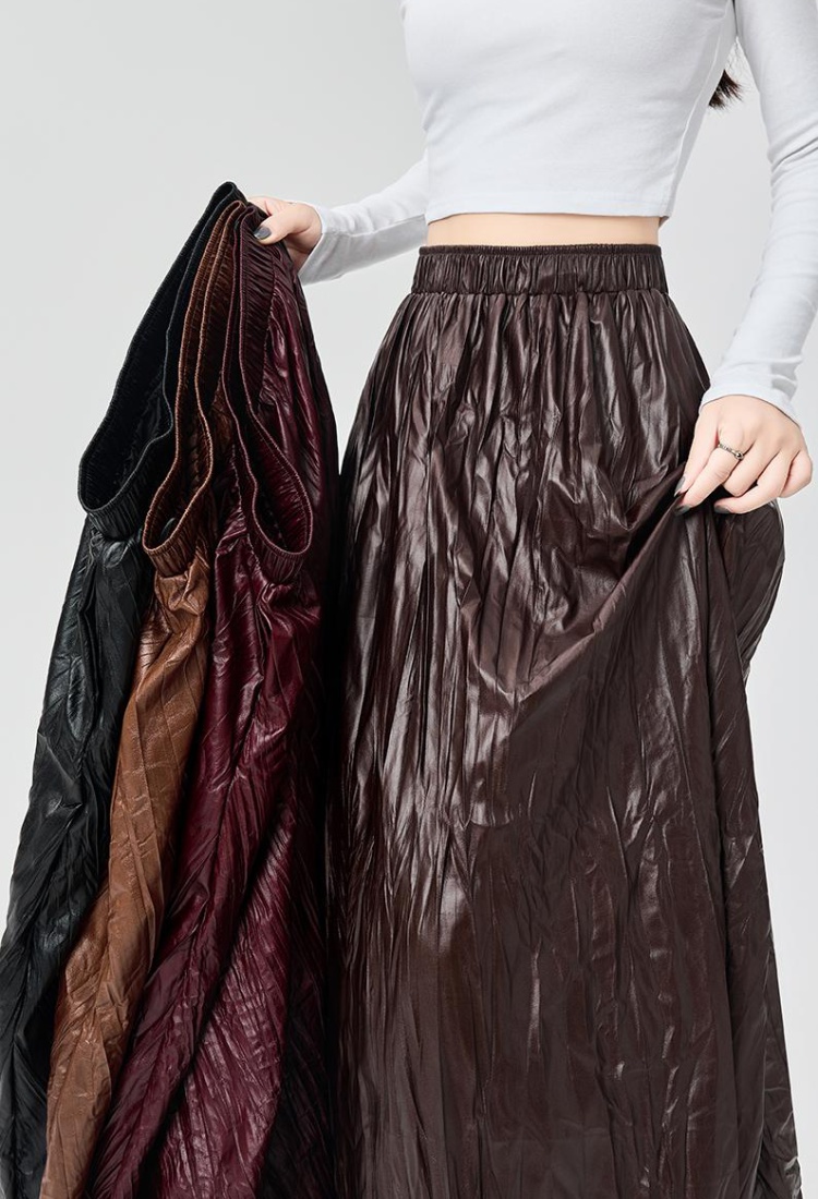 Fold slim autumn long PU big skirt high waist skirt