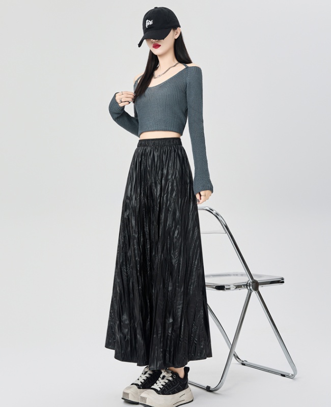 Fold slim autumn long PU big skirt high waist skirt