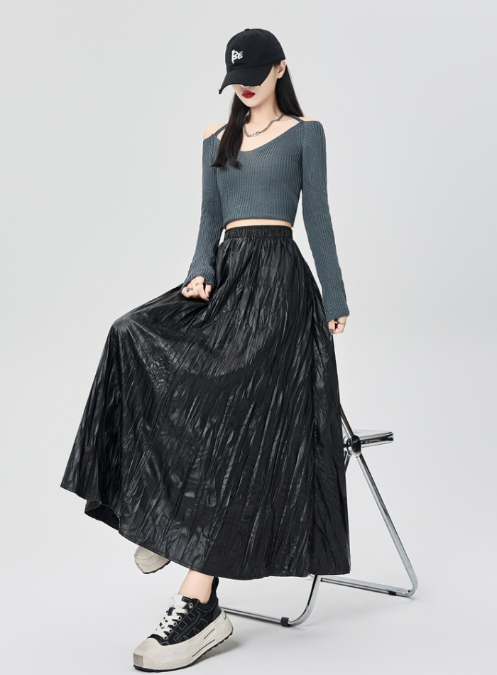 Fold slim autumn long PU big skirt high waist skirt