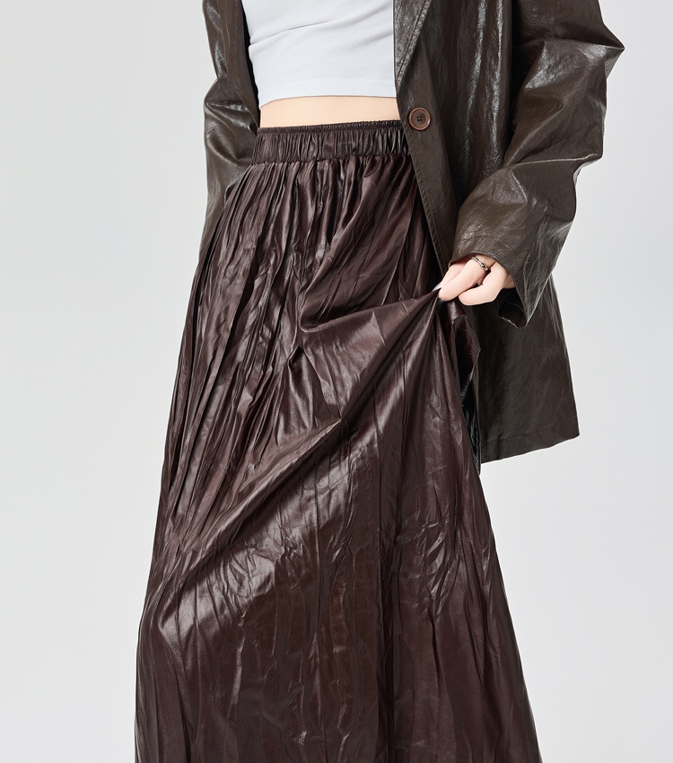 Fold slim autumn long PU big skirt high waist skirt