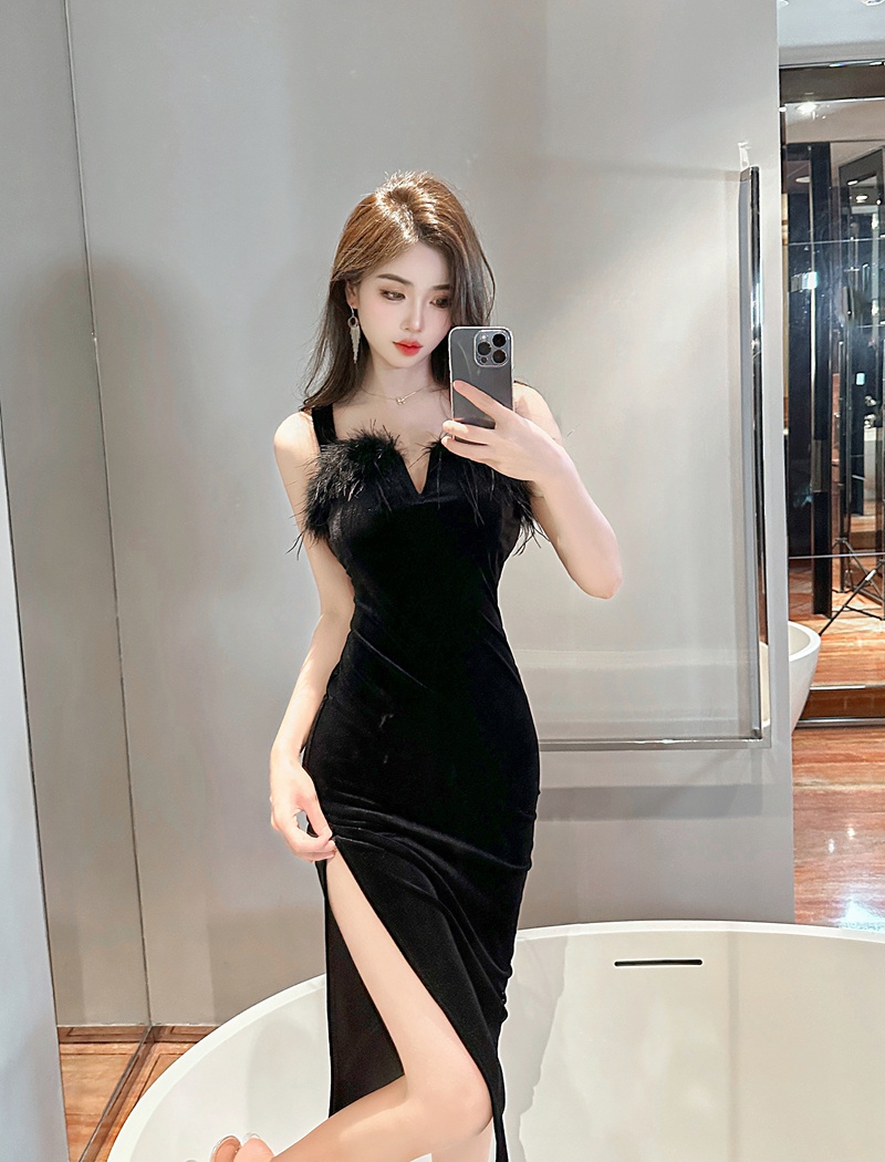 Sling velvet dress elmo splice formal dress for women