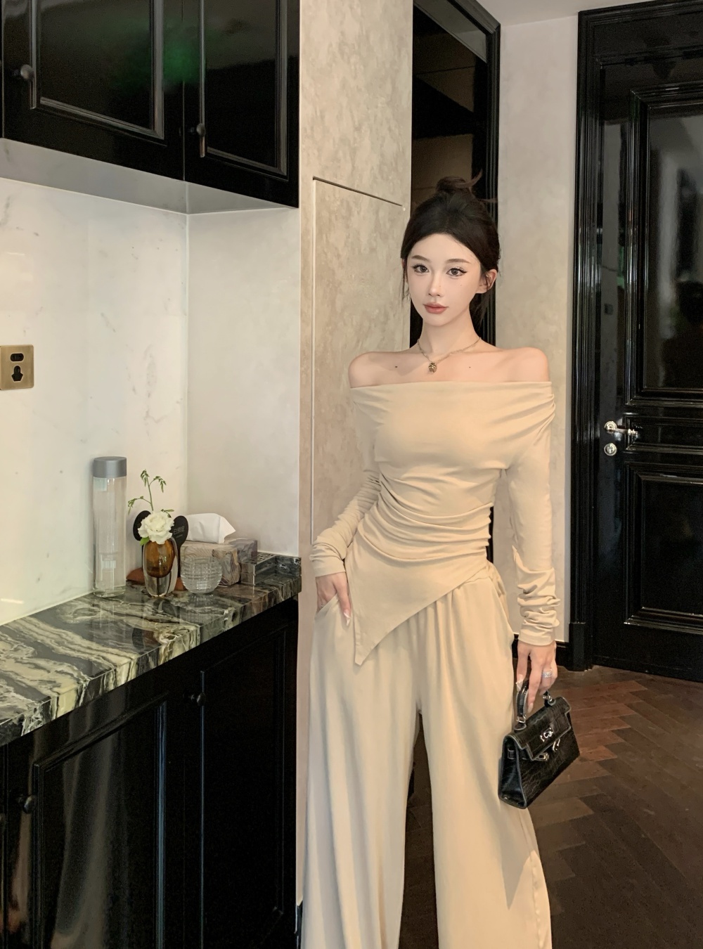 Long sleeve wide leg pants slim tops 2pcs set for women