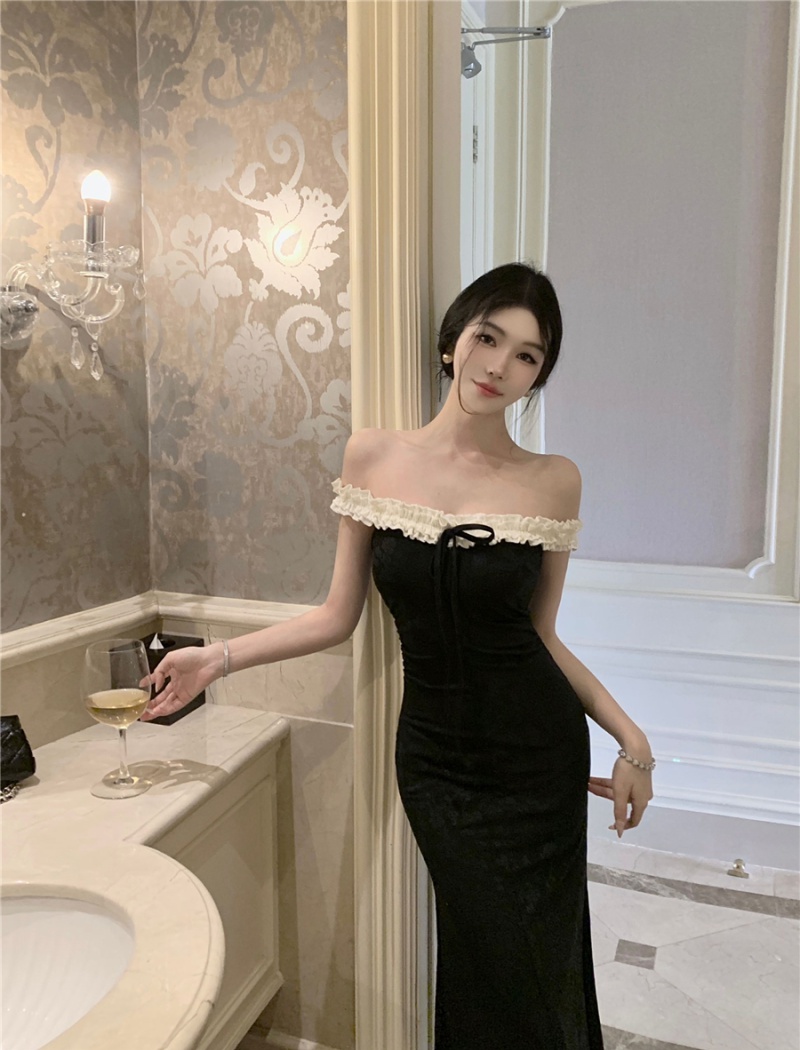 Sling slim Hepburn style dress black summer long dress for women