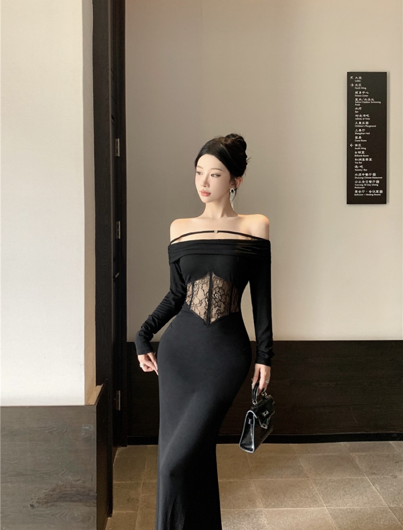 Pinched waist long formal dress flat shoulder corset