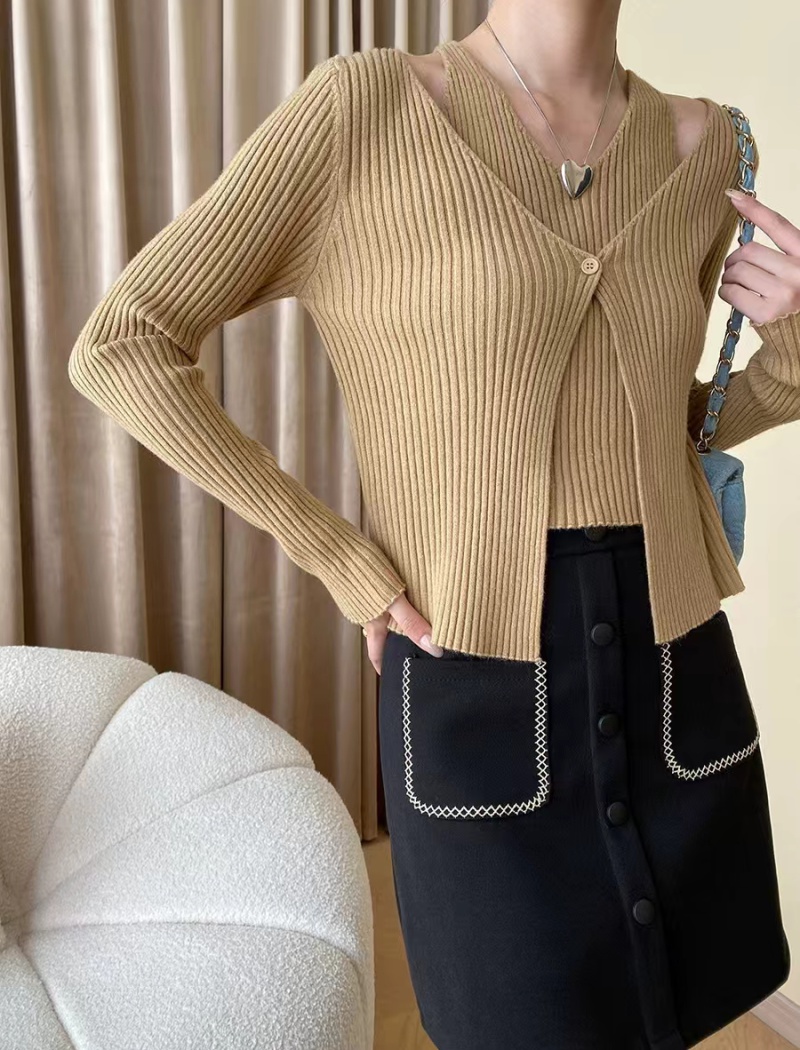 Halter all-match Pseudo-two long sleeve retro V-neck sweater