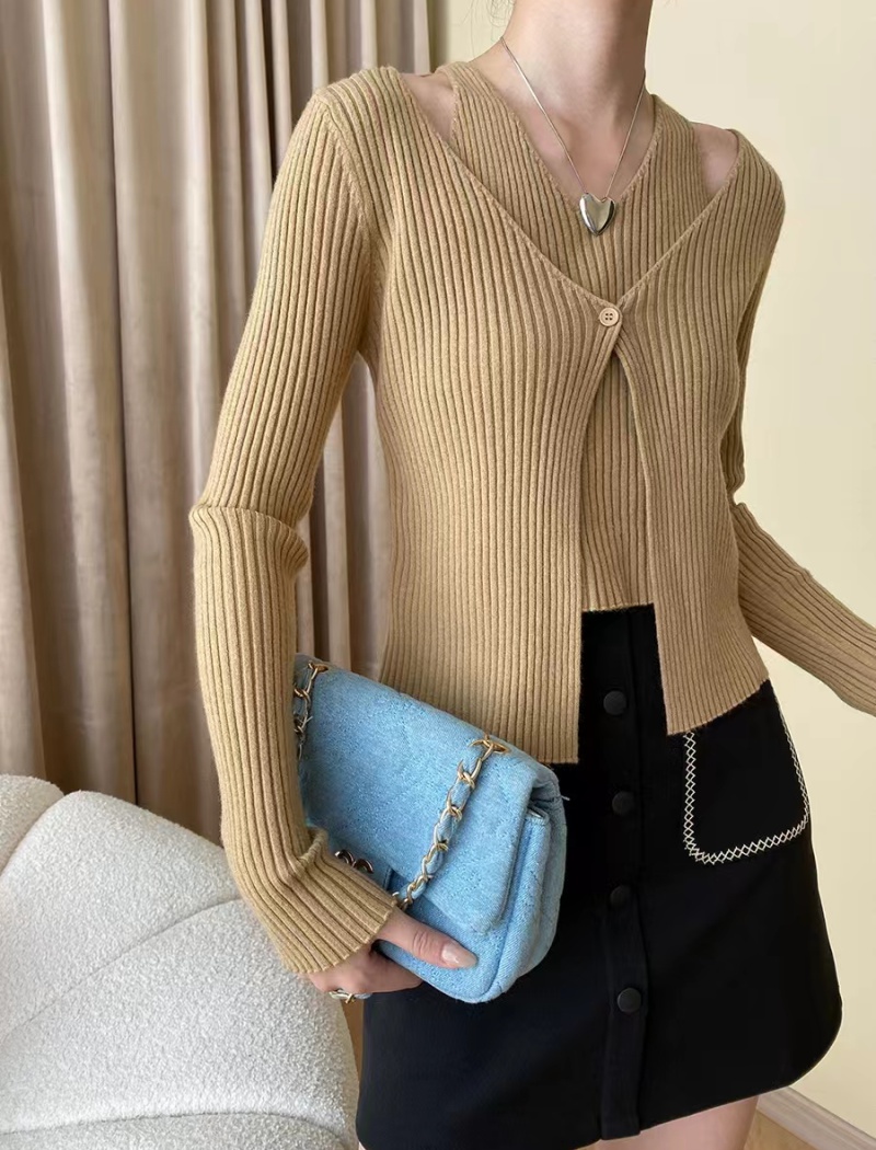 Halter all-match Pseudo-two long sleeve retro V-neck sweater