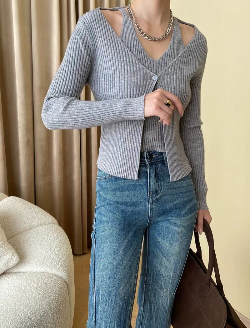 Halter all-match Pseudo-two long sleeve retro V-neck sweater