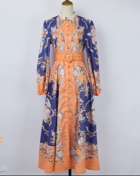 Elegant printing dress single-breasted with belt long dress