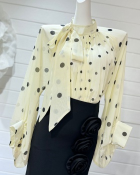 Puff sleeve polka dot half high collar long sleeve shirt