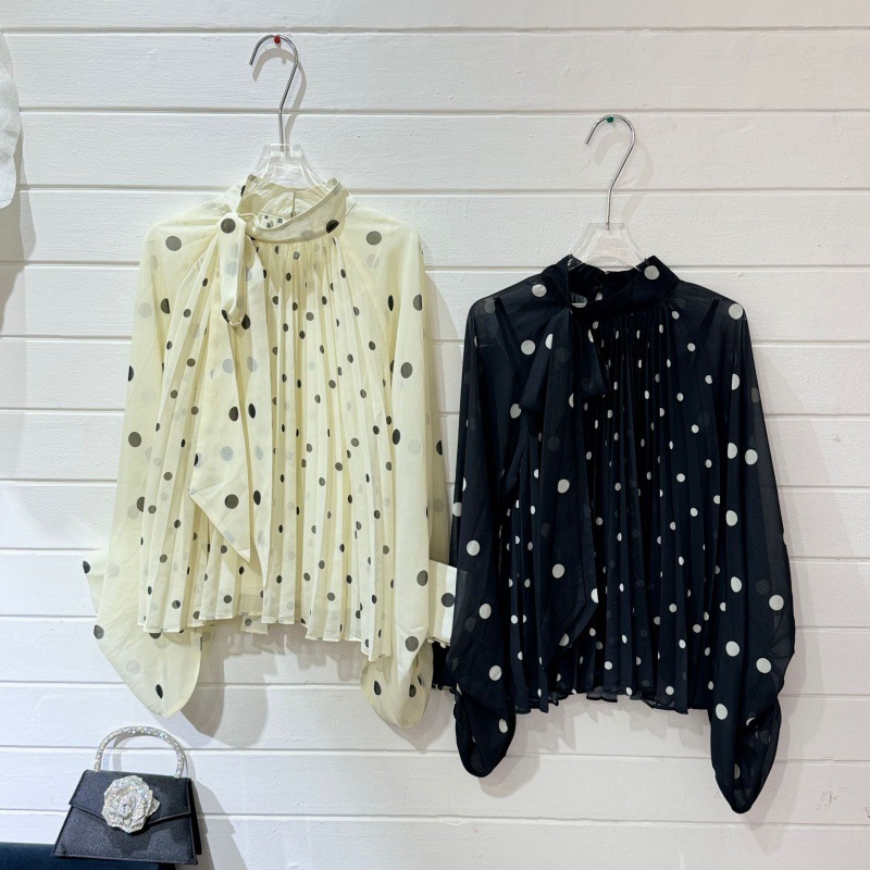 Puff sleeve polka dot half high collar long sleeve shirt