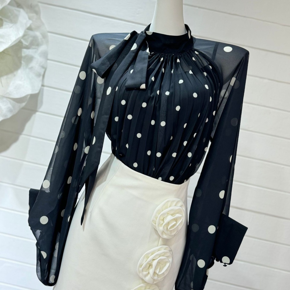 Puff sleeve polka dot half high collar long sleeve shirt