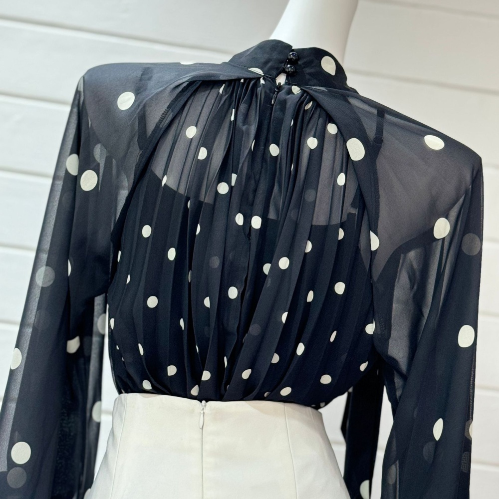 Puff sleeve polka dot half high collar long sleeve shirt