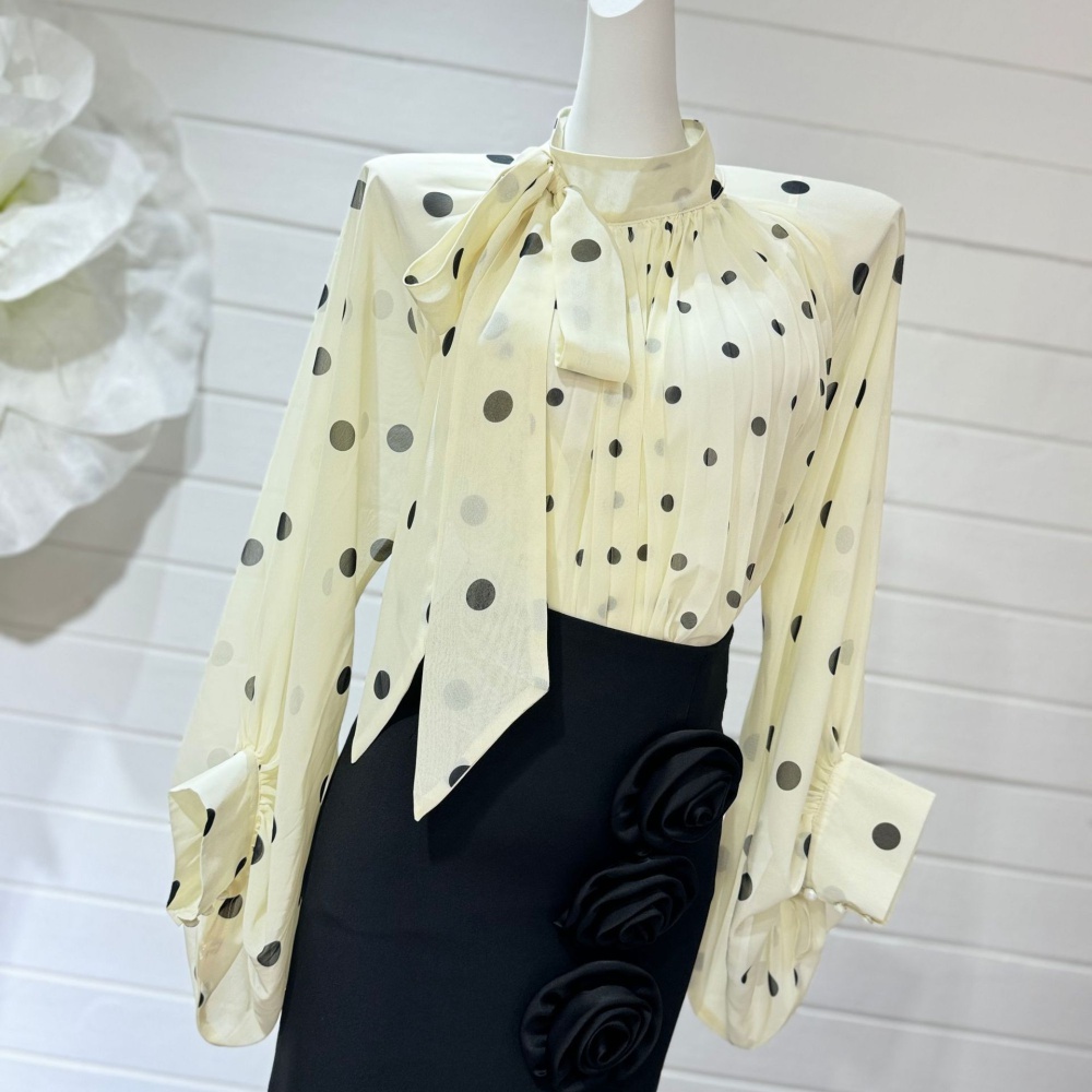 Puff sleeve polka dot half high collar long sleeve shirt