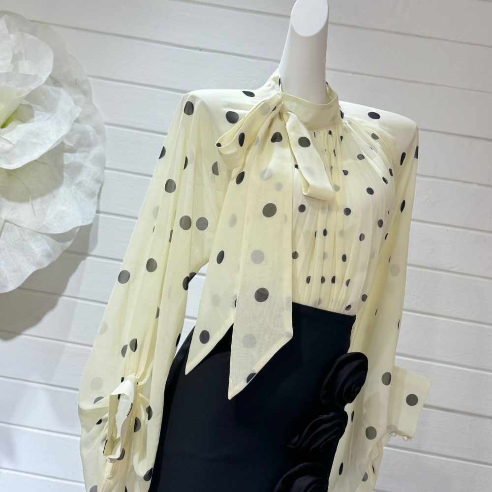 Puff sleeve polka dot half high collar long sleeve shirt