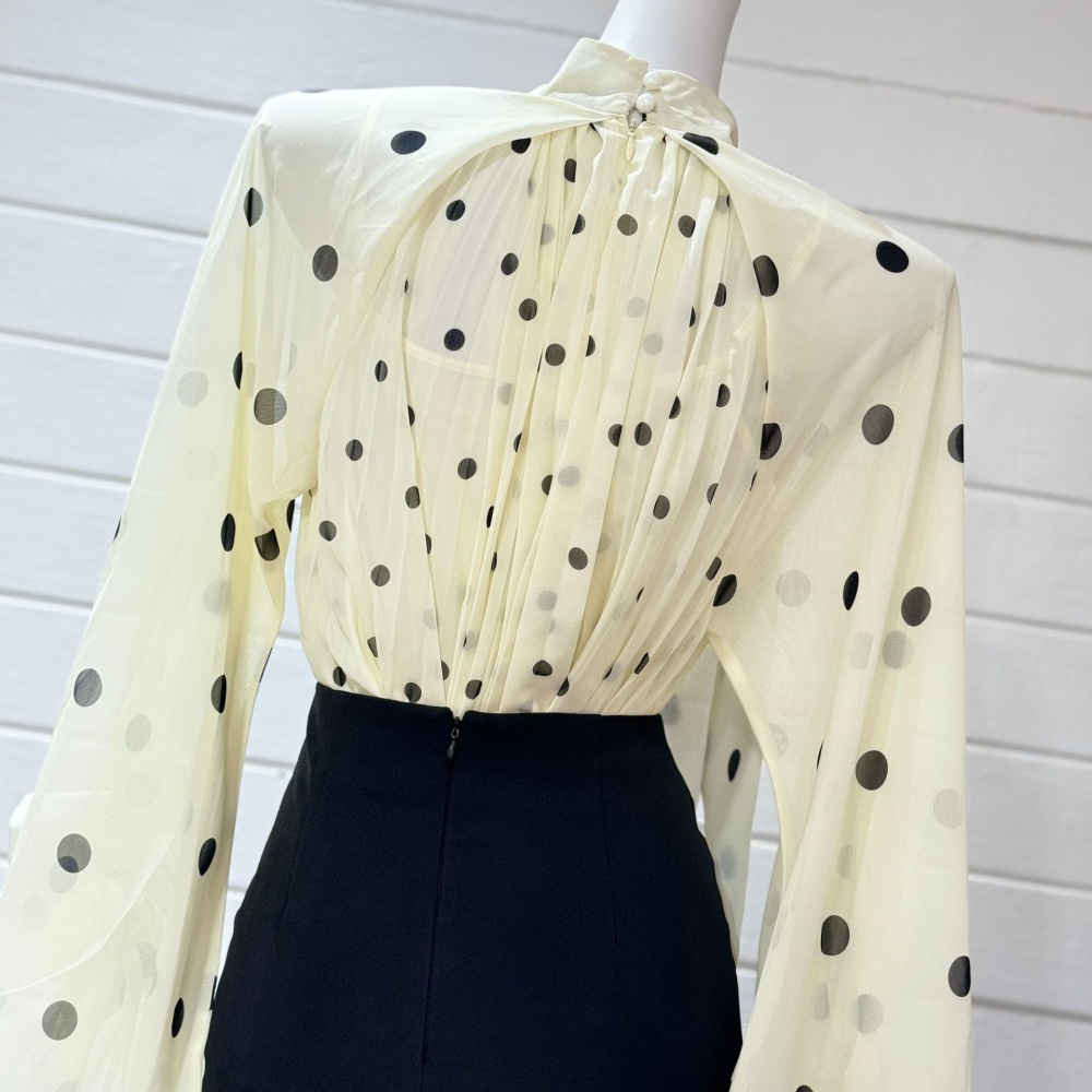 Puff sleeve polka dot half high collar long sleeve shirt