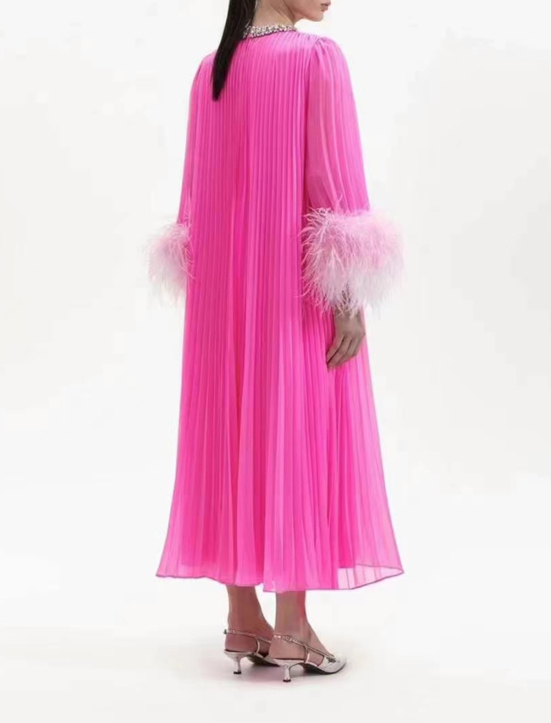 Pleated long dress ostrich hair sleeve dress for women