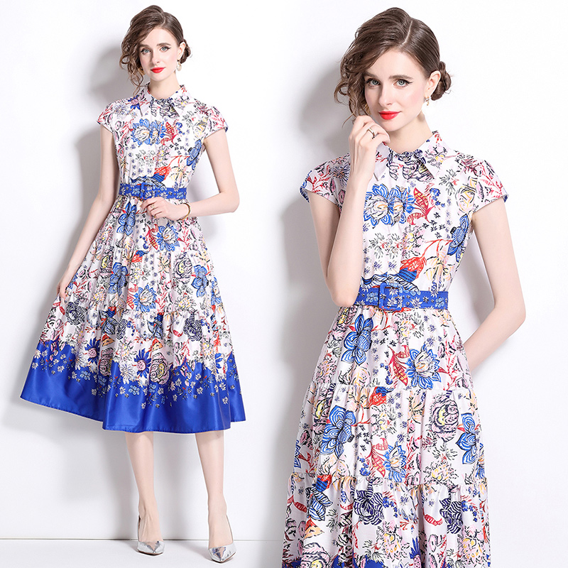 All-match European style printing pinched waist dress