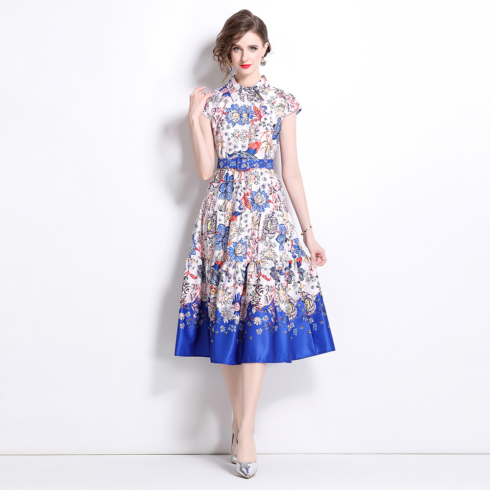 All-match European style printing pinched waist dress