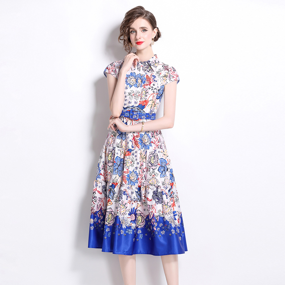 All-match European style printing pinched waist dress