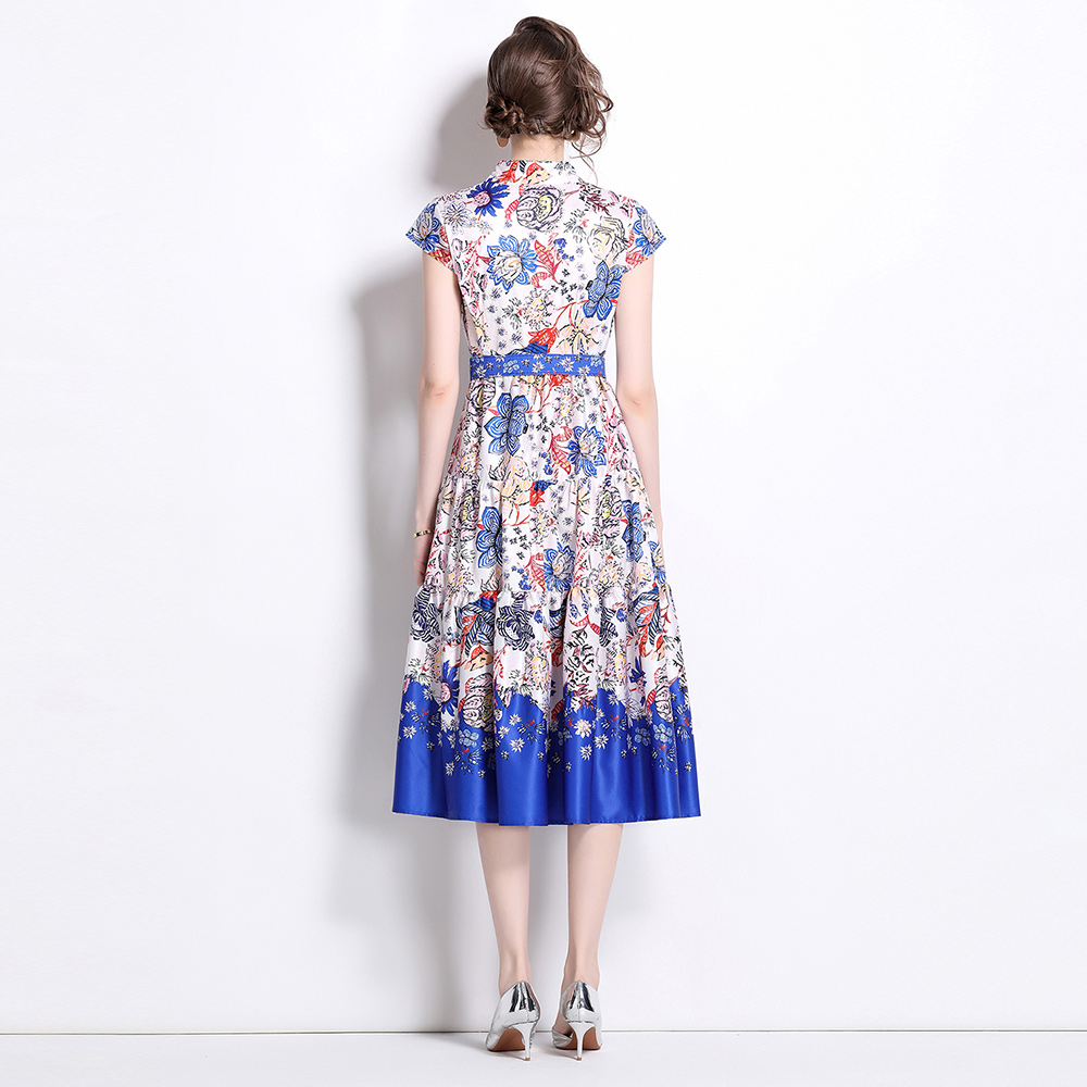 All-match European style printing pinched waist dress