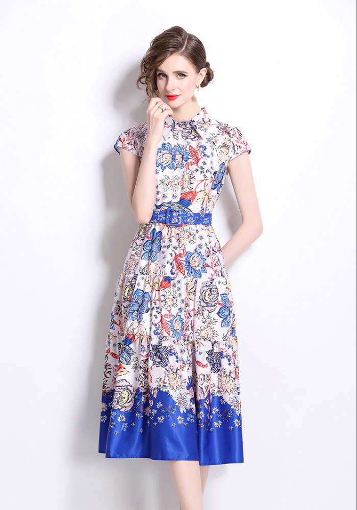 All-match European style printing pinched waist dress