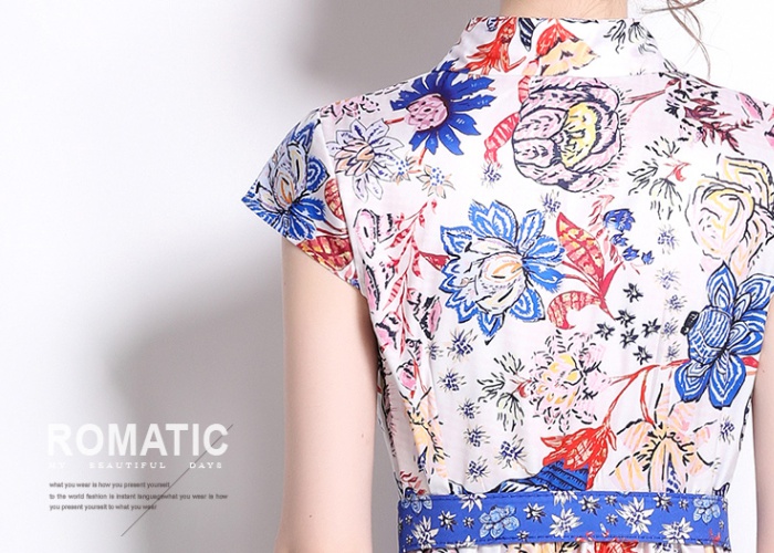 All-match European style printing pinched waist dress