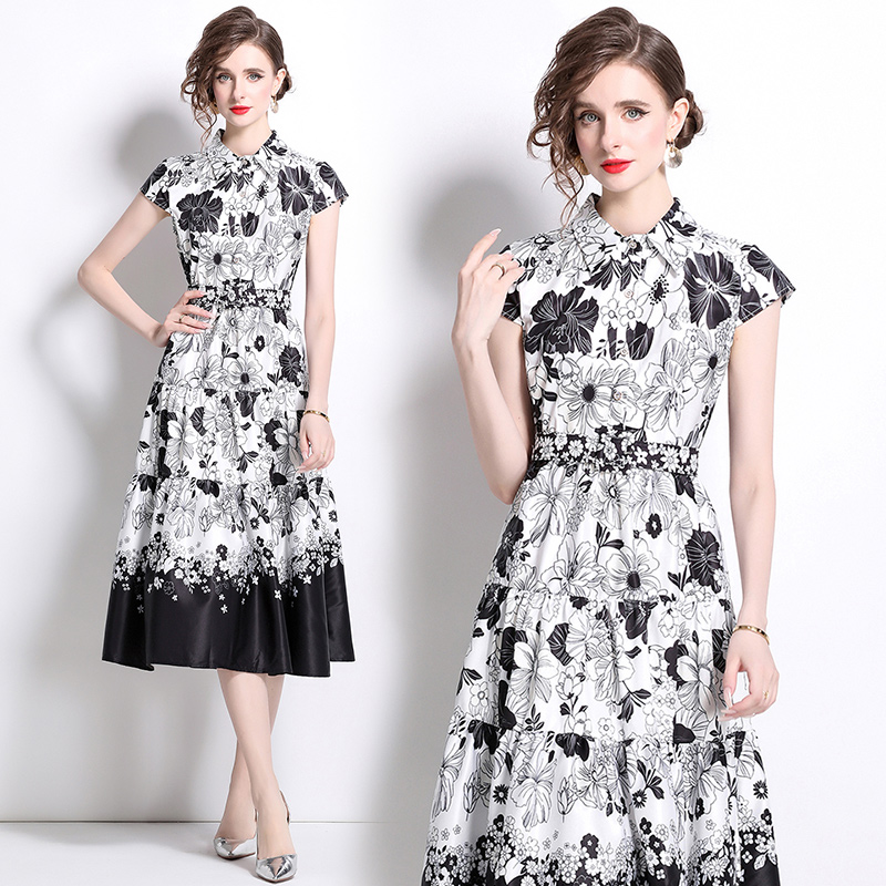 All-match pinched waist printing slim dress