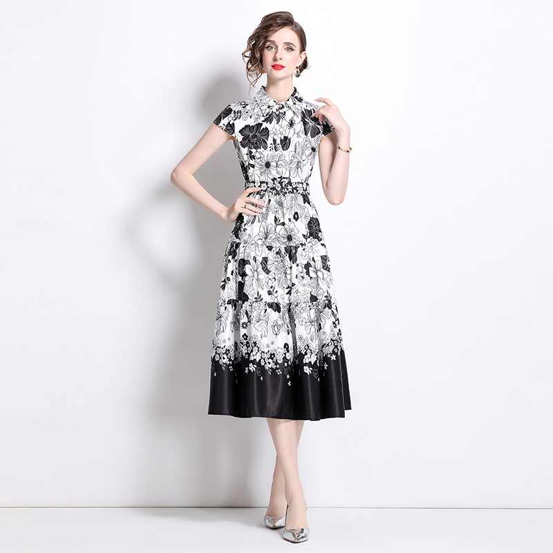 All-match pinched waist printing slim dress