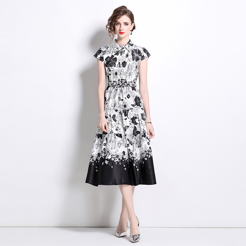 All-match pinched waist printing slim dress