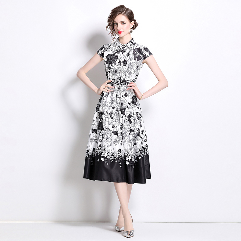 All-match pinched waist printing slim dress