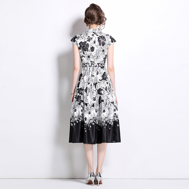 All-match pinched waist printing slim dress