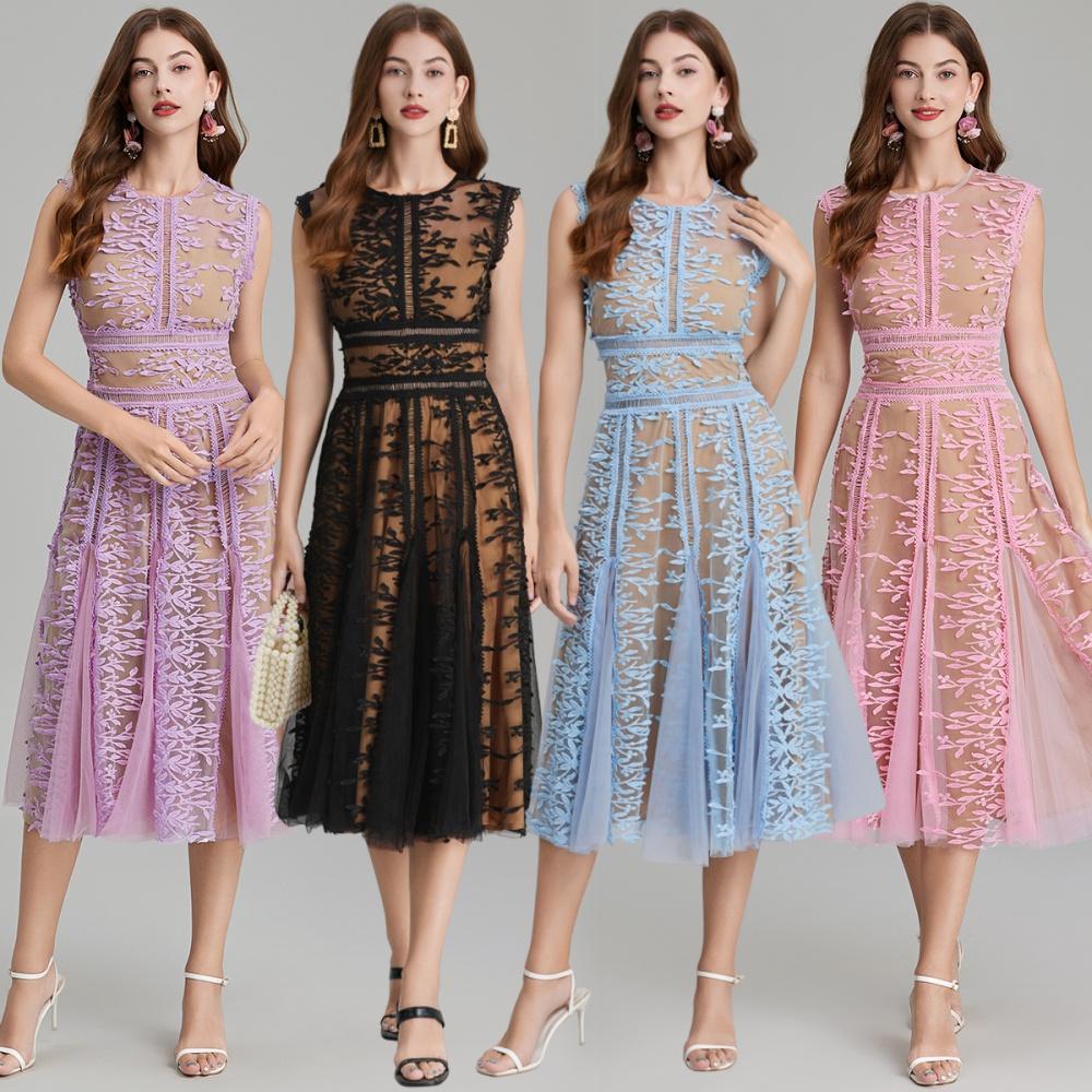 Embroidery gauze slim pinched waist stereoscopic dress