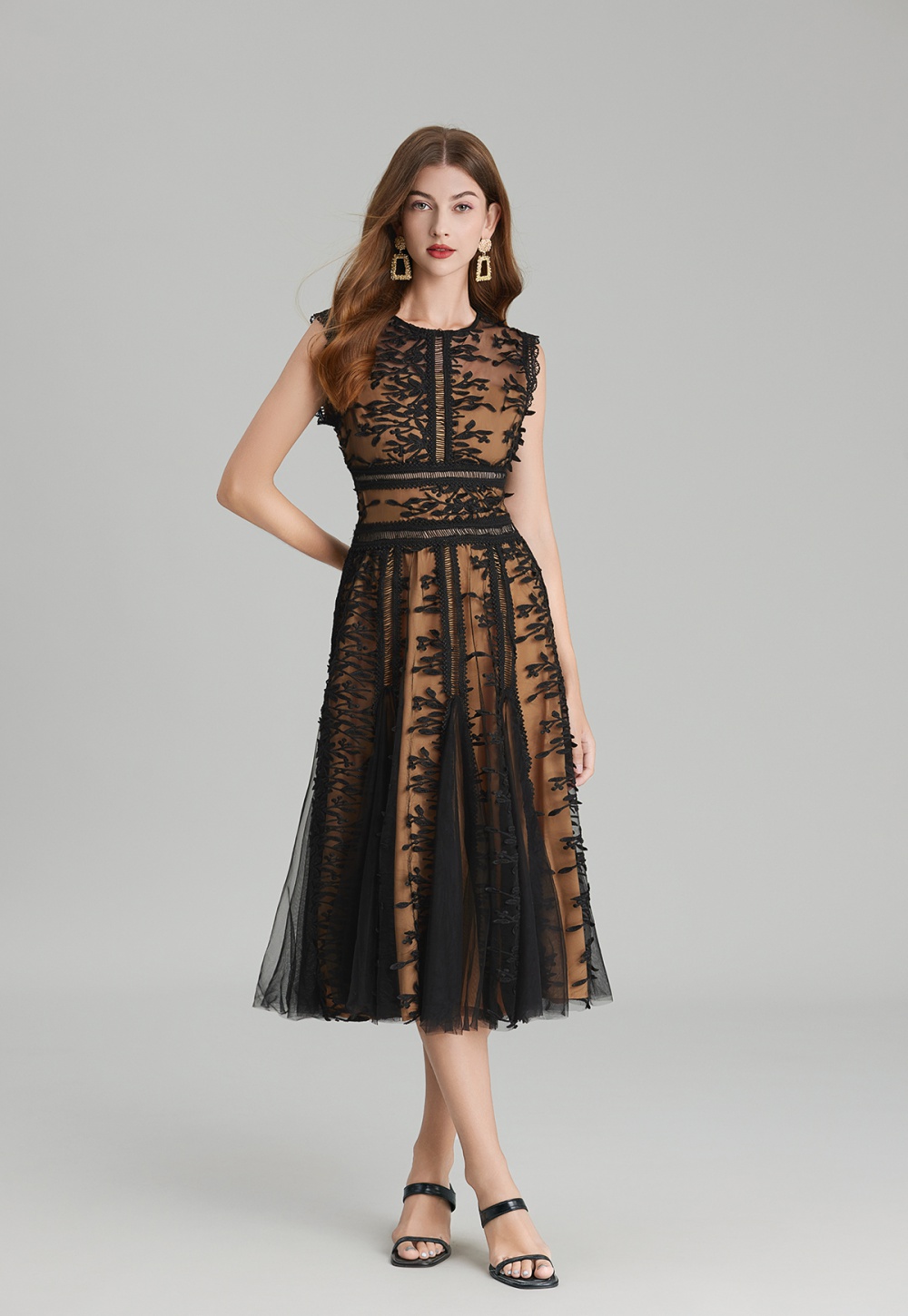 Embroidery gauze slim pinched waist stereoscopic dress