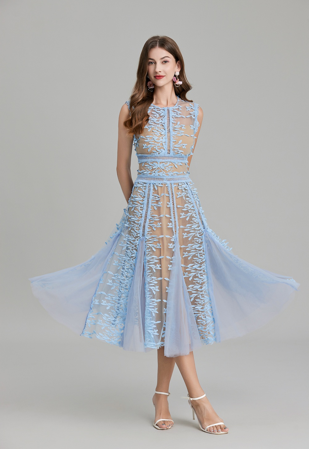 Embroidery gauze slim pinched waist stereoscopic dress