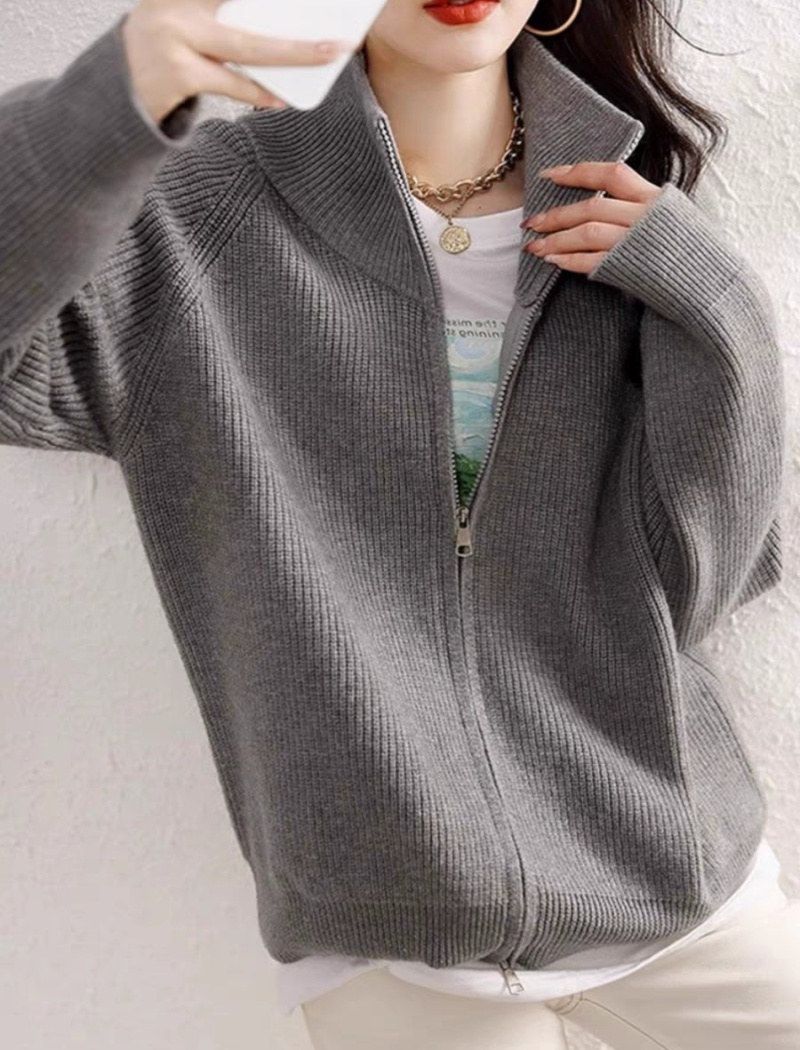 Zip fashion tops Korean style lazy sweater for women