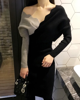 Korean style wavy edge slim sweater V-neck knitted dress