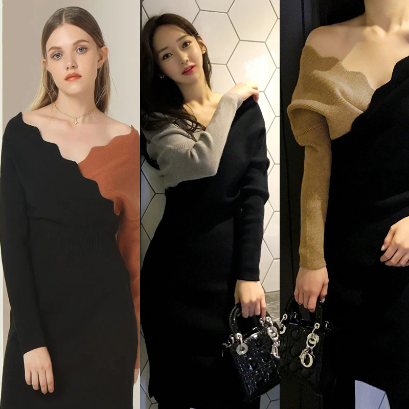 Korean style wavy edge slim sweater V-neck knitted dress