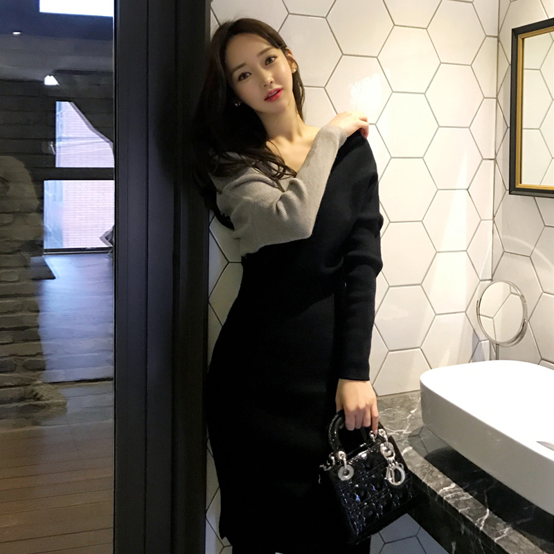 Korean style wavy edge slim sweater V-neck knitted dress