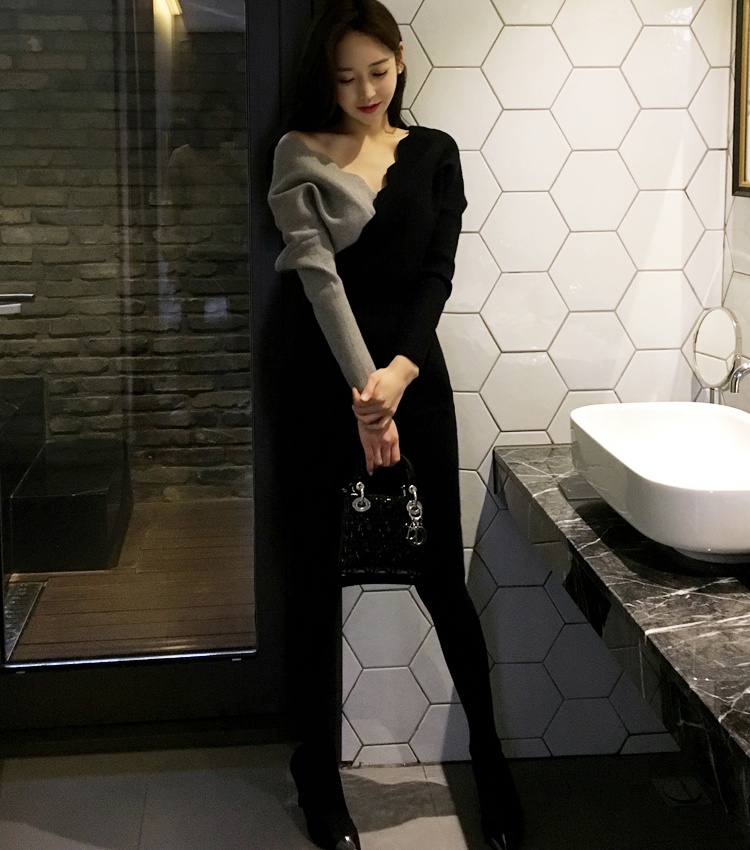 Korean style wavy edge slim sweater V-neck knitted dress