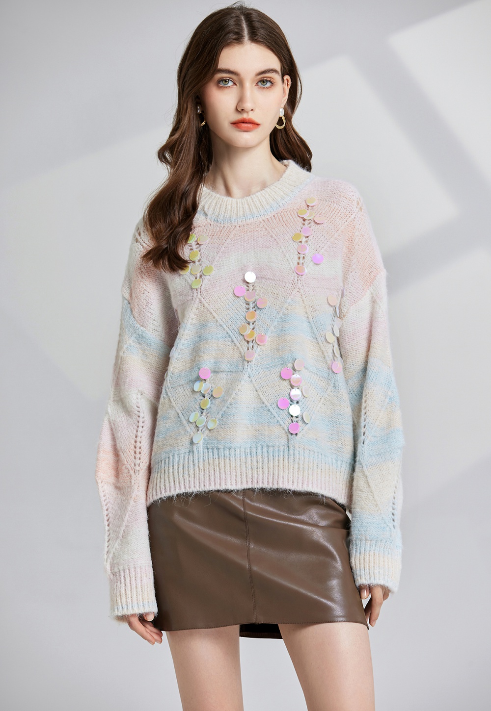 Lazy loose mohair sweater hollow sequins tops