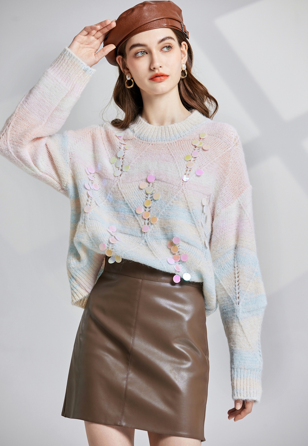 Lazy loose mohair sweater hollow sequins tops