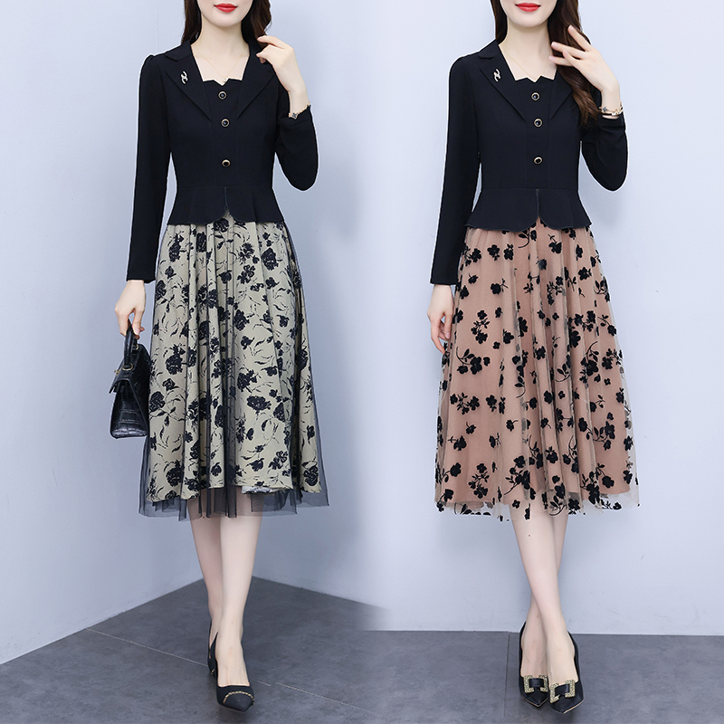 Splice long sleeve gauze autumn temperament dress