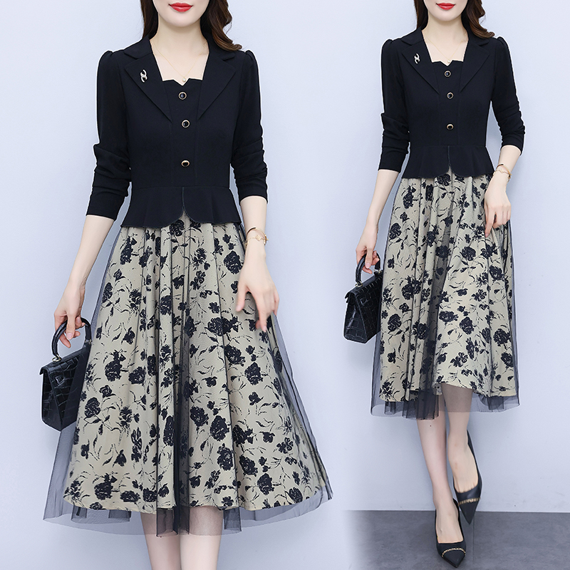 Splice long sleeve gauze autumn temperament dress