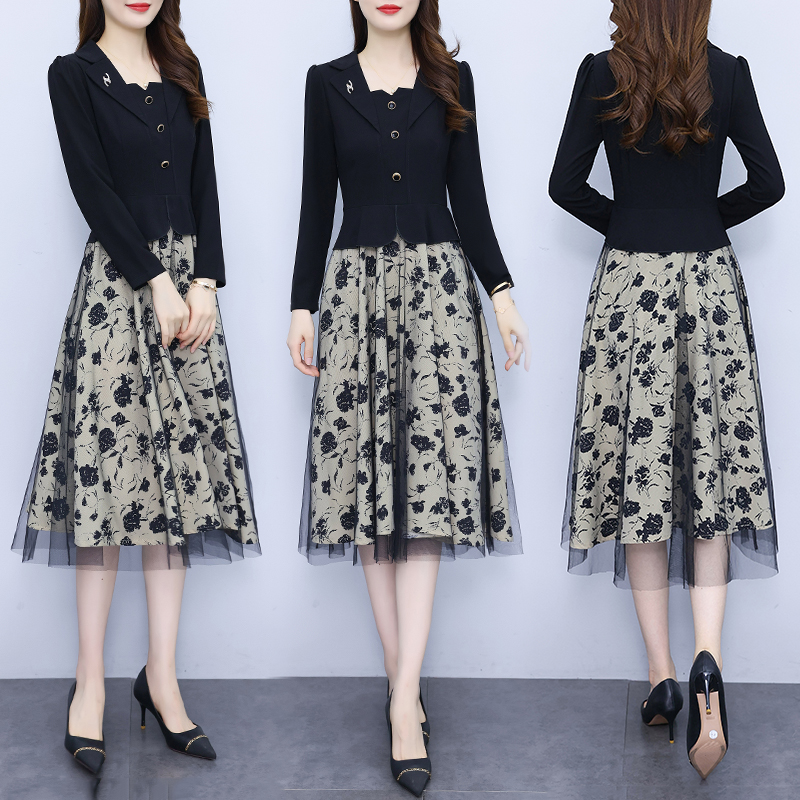 Splice long sleeve gauze autumn temperament dress