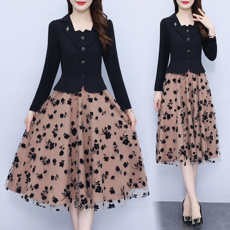 Splice long sleeve gauze autumn temperament dress